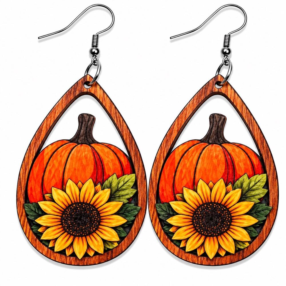Fall Pumpkin Sunflower Teardrop Dangle Earrings NWOT